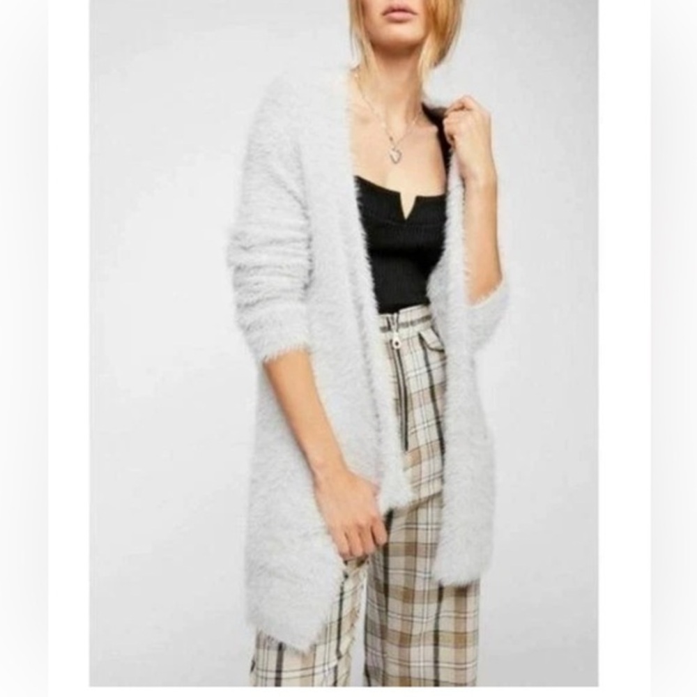 Free People Faux Fur Silver Cloud Eyelash Open Front Cardigan Sweater Size S